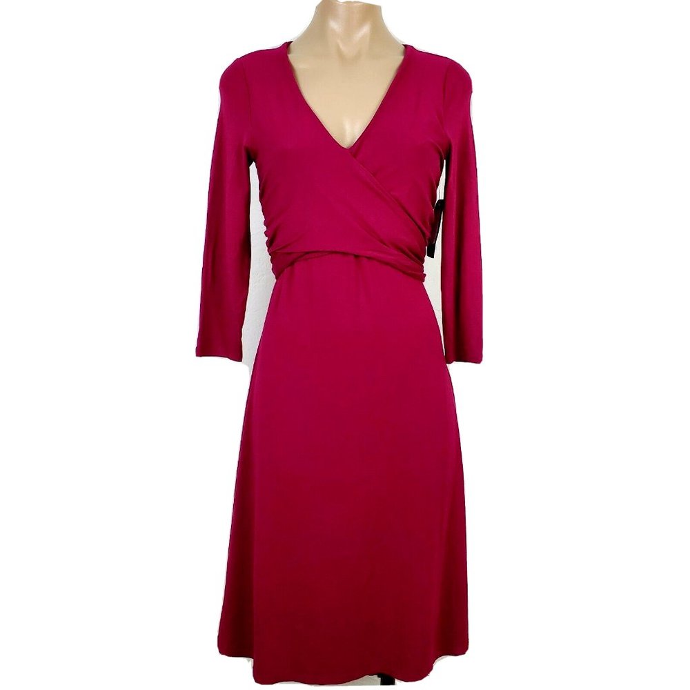 Ralph Lauren Sash Tie Faux Wrap Dress XS Fuchsia Pink V-Neck Jersey Knit Ruched